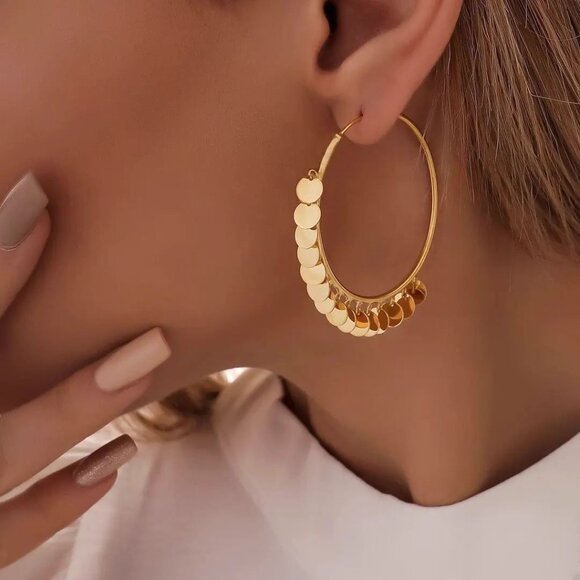 3/$35 Gold Statement Chunky Gold Hoop Dangle Earrings Coins Tassel Chandelier - Picture 1 of 6
